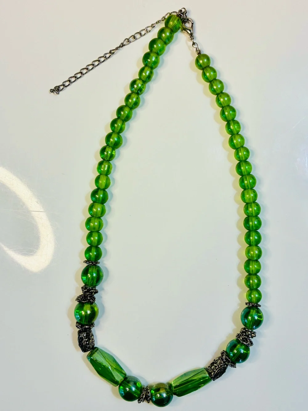 Vibrant Green Glass Bead Necklace with Silver-Tone Accents